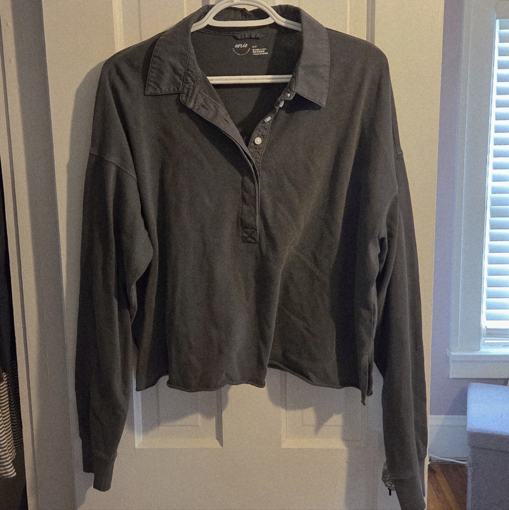 aerie Charcoal Gray Collared Half-Button Crop Tee